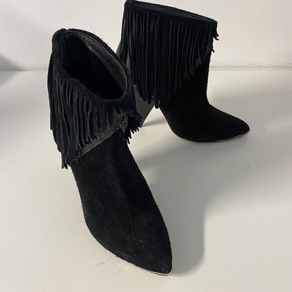 IRO Xabea Black Suede Leather Bootie Ankle Boot Fringe Point Toe Cone He… - Picture 7 of 9